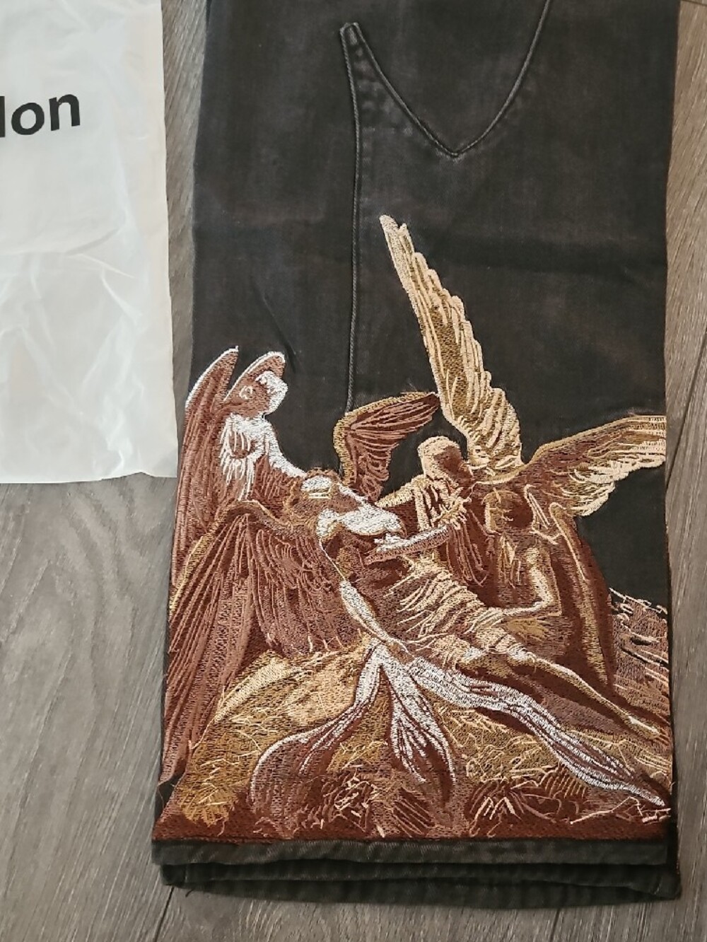 Jaded London Black Jeans with Brown & Tan Embroidered Angel Motif - Picture 2 of 5